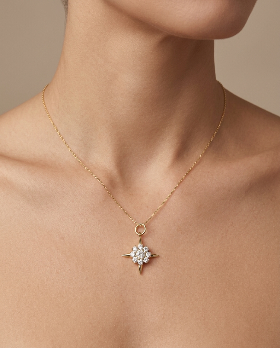 14KT Yellow Gold Diamonds Compass Pendent on model