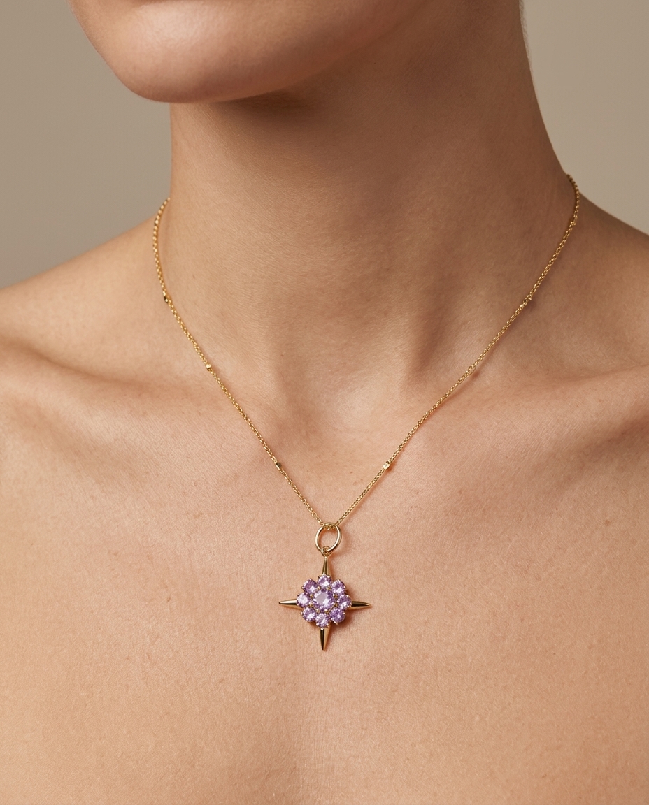 14KT Yellow Gold Pink Sapphire Compass Pendent on model