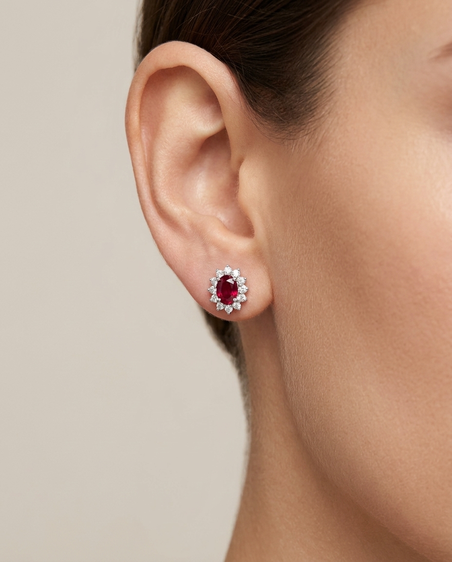 18KT White Gold Ruby and Diamonds Earring on model