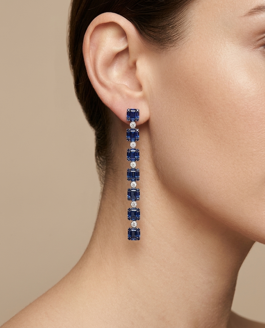 18KT Gold Blue Sapphire and Diamond Earring on model