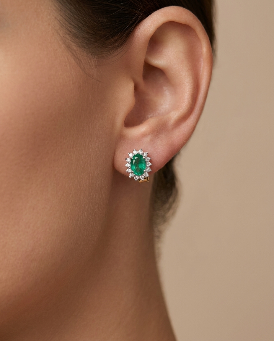 18KT White Gold Emerald and Diamond Earring view 2