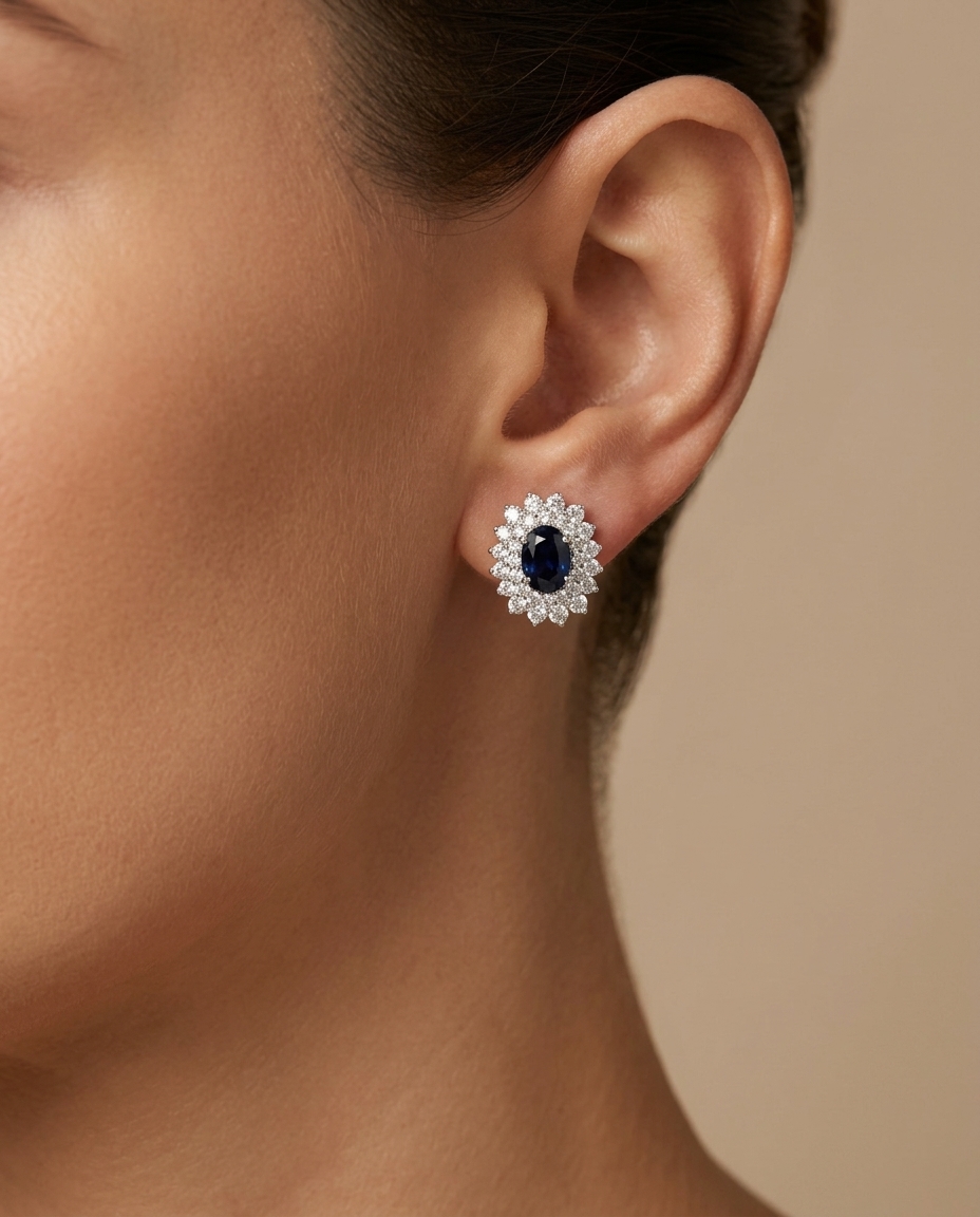 18KT White Gold Sapphire and Diamonds Earring on model