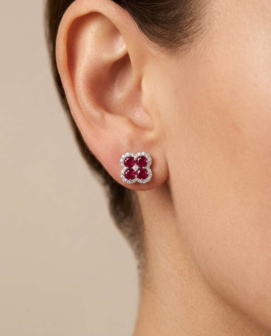 18KT White Gold Ruby and Diamonds Earring on model