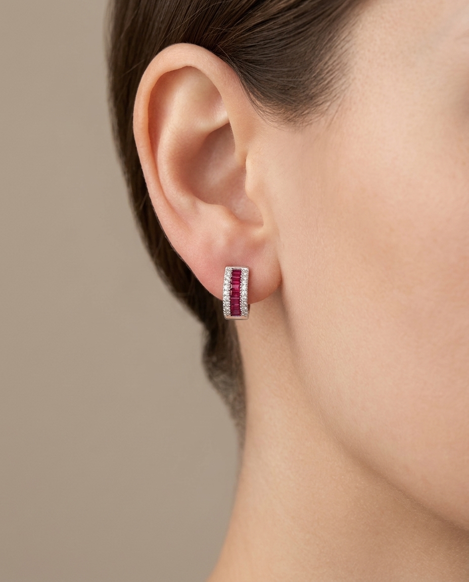 18KT White Gold Diamond and Ruby Hoop Earring on model