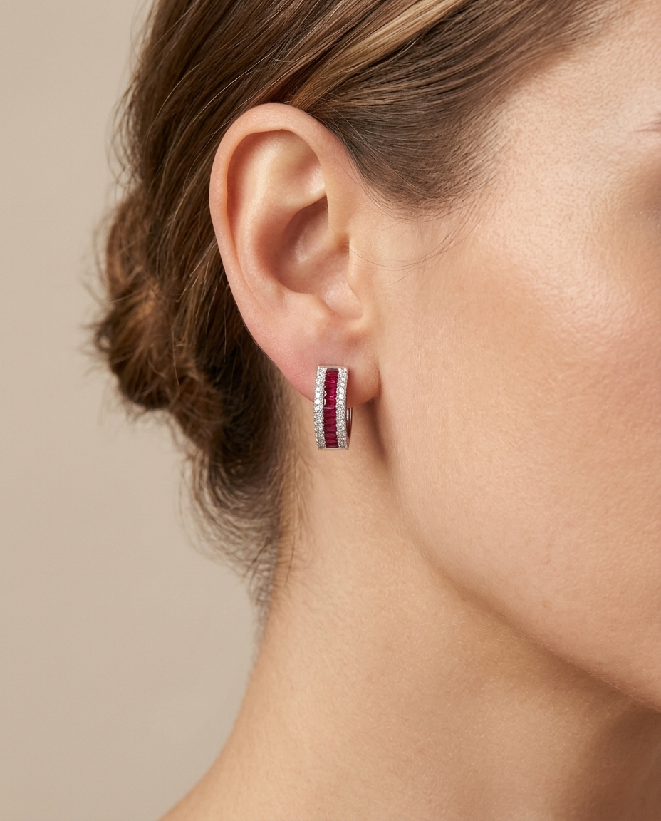 18KT White Gold Diamond and Ruby Hoop Earring on model