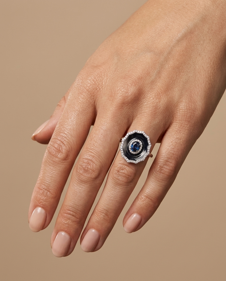 18KT White Gold Blue Sapphire and Diamond Enamel Ring view 2