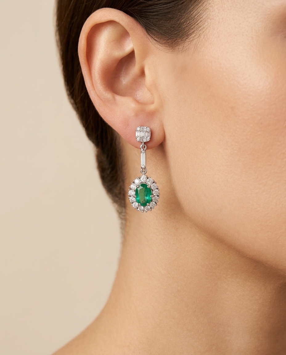 18KT White Gold Emerald and Diamonds Earring on model