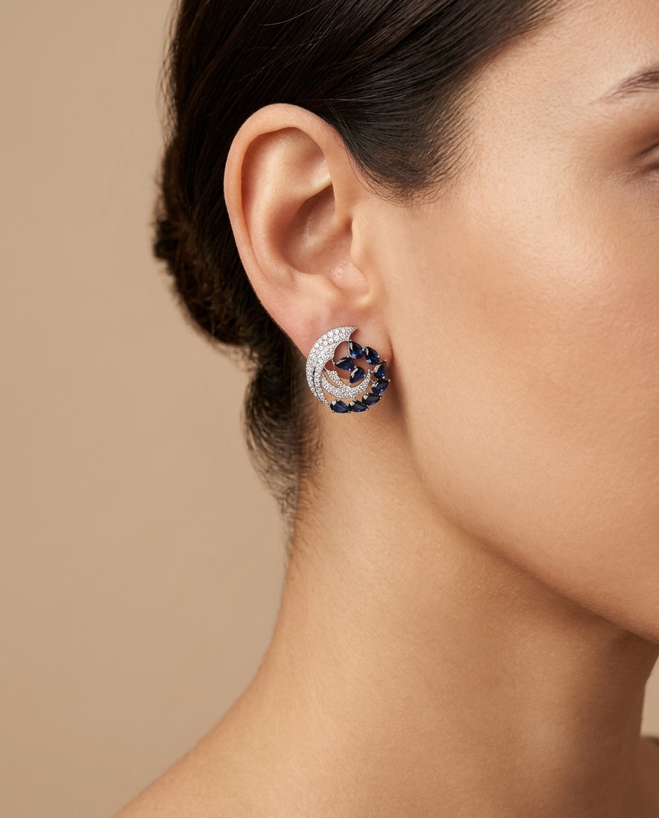18KT Gold Blue Sapphire with Diamonds Earing view 2