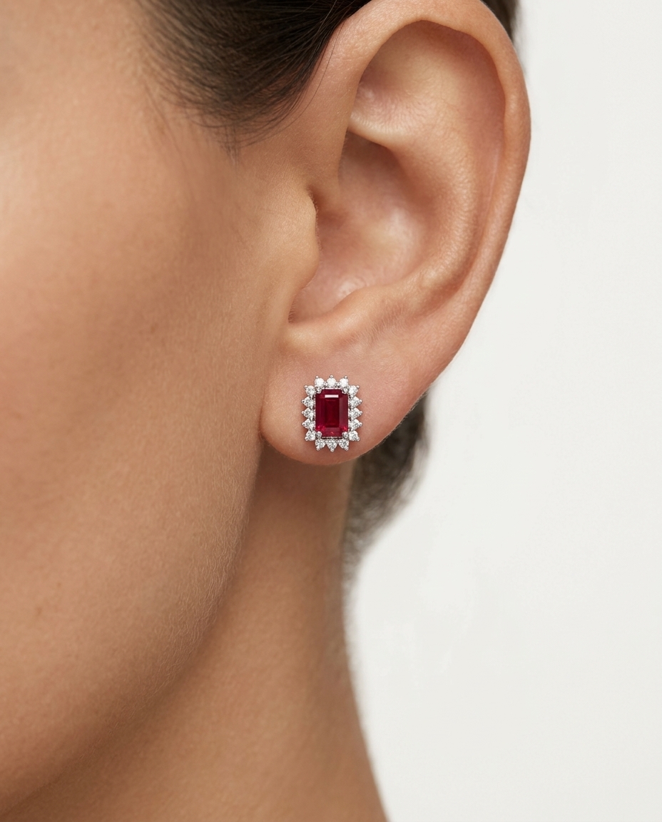 18KT White Gold Ruby and Diamonds Earring on model