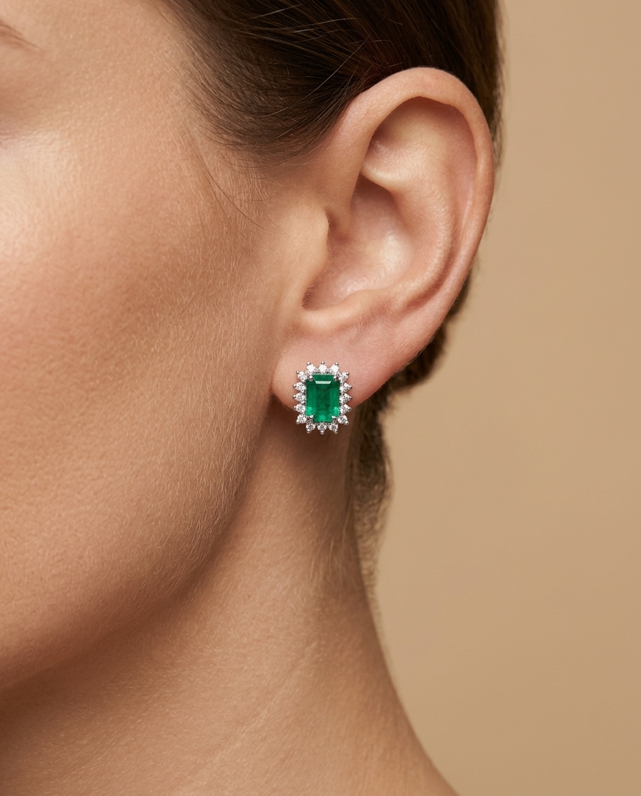 18KT White Gold Emerald and Diamonds Earring on model