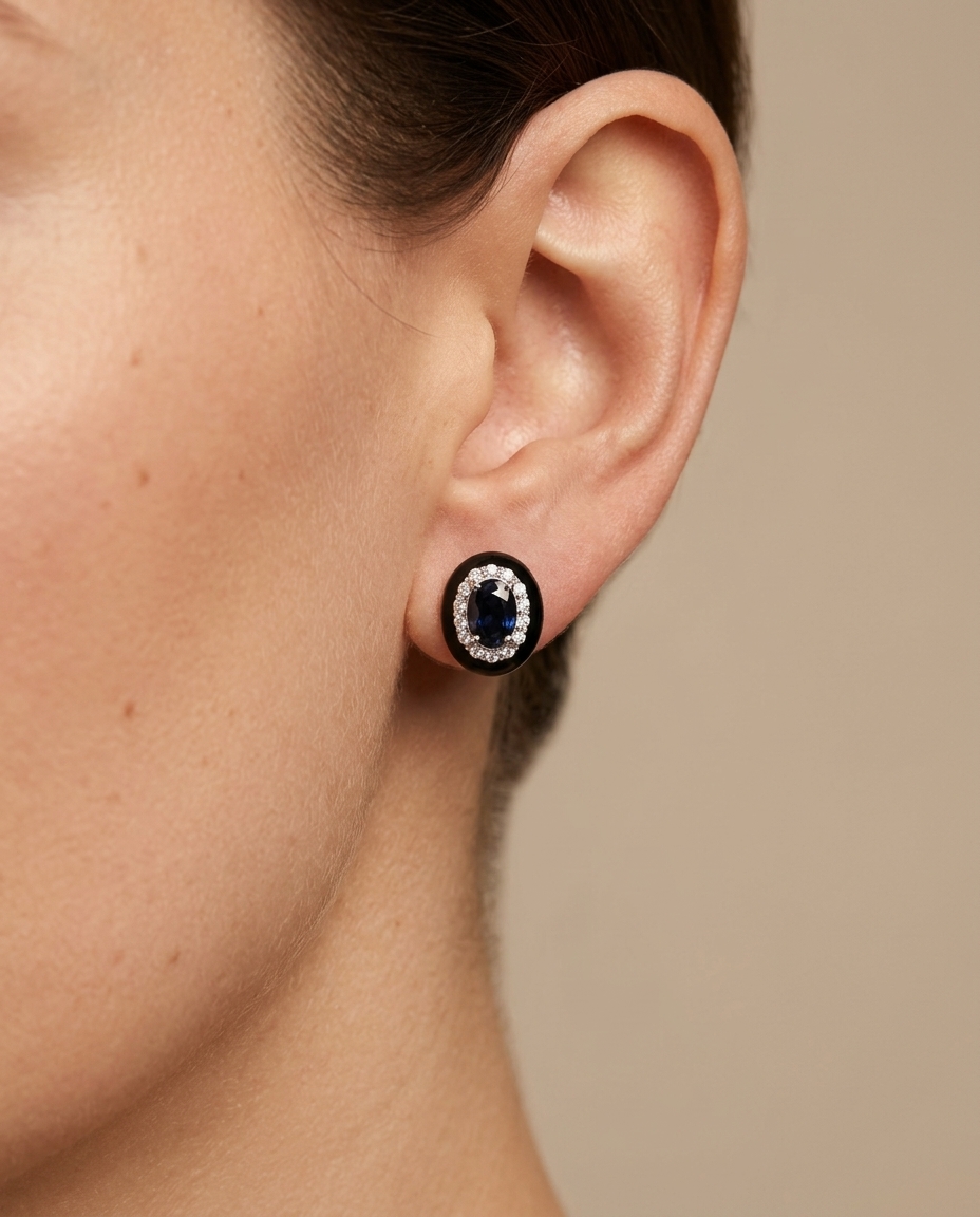 18KT Gold Blue Sapphire and Diamonds Black Enamel Earring on model