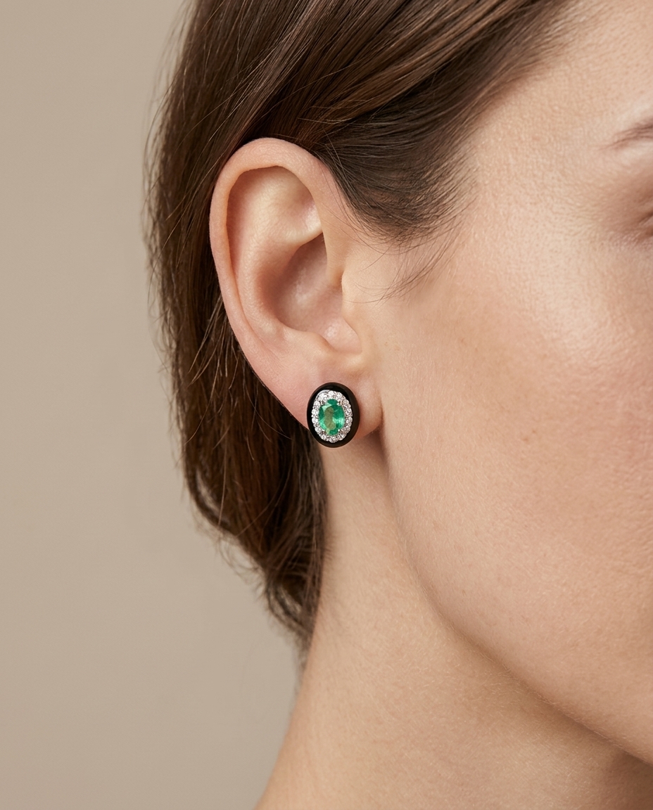 18KT Gold Emerald and Diamonds Black Enamel Earring view 2