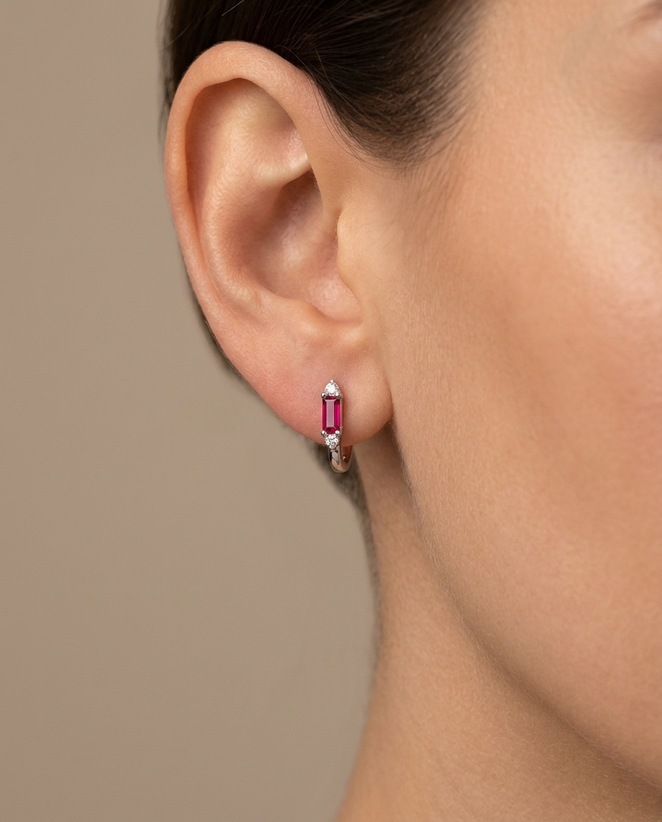 18KT White Gold Ruby and Diamond Earring view 2