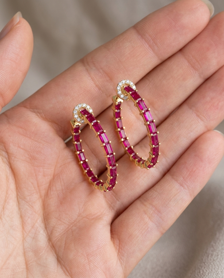 14KT Yellow Gold Ruby and Diamonds Hoop Earing view 2