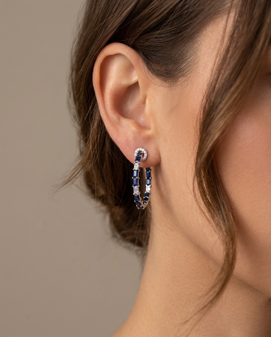14KT White Gold Sapphire and Diamonds Hoop Earing view 2