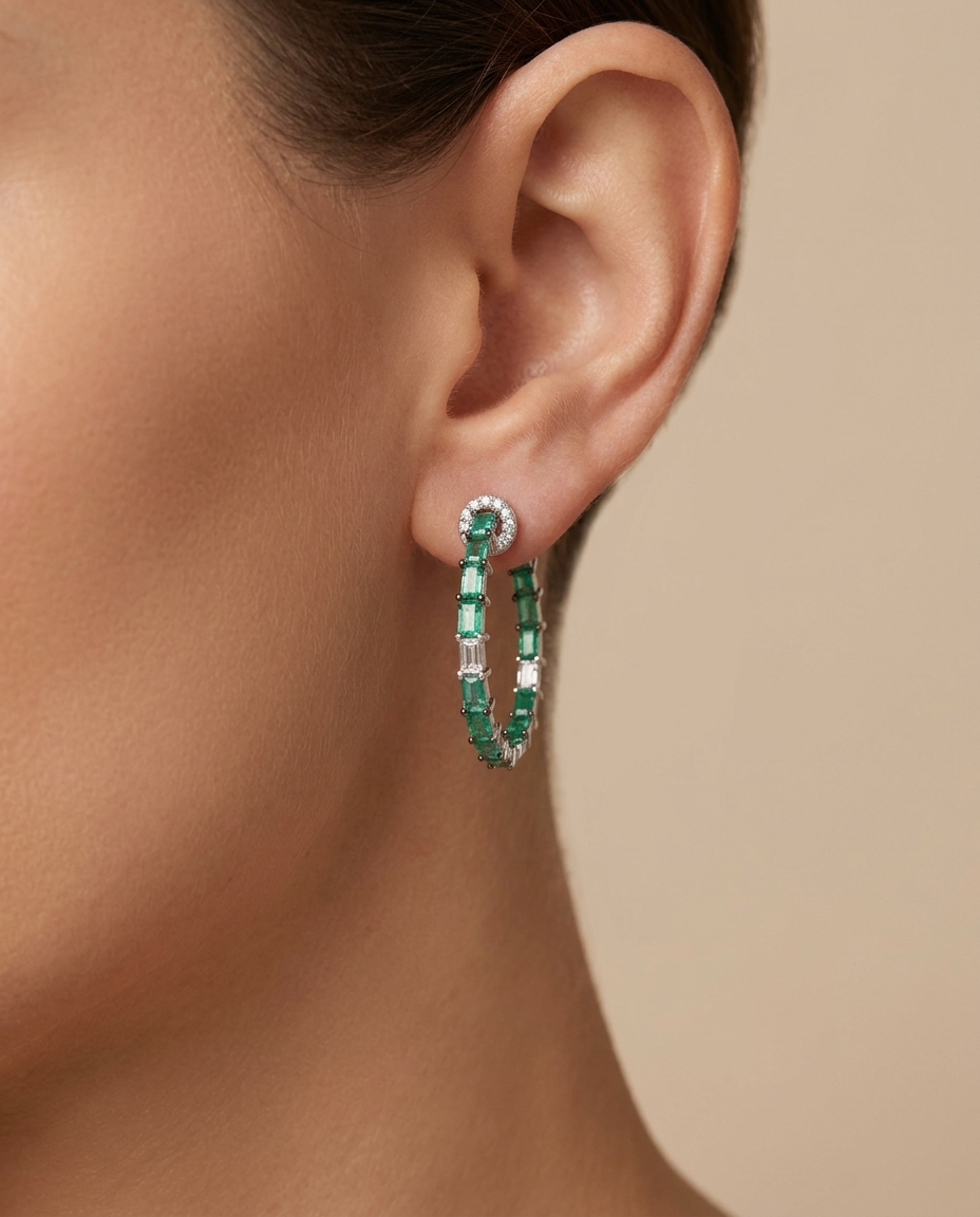 14KT White Gold Emerald and Diamonds Hoop Earing view 2