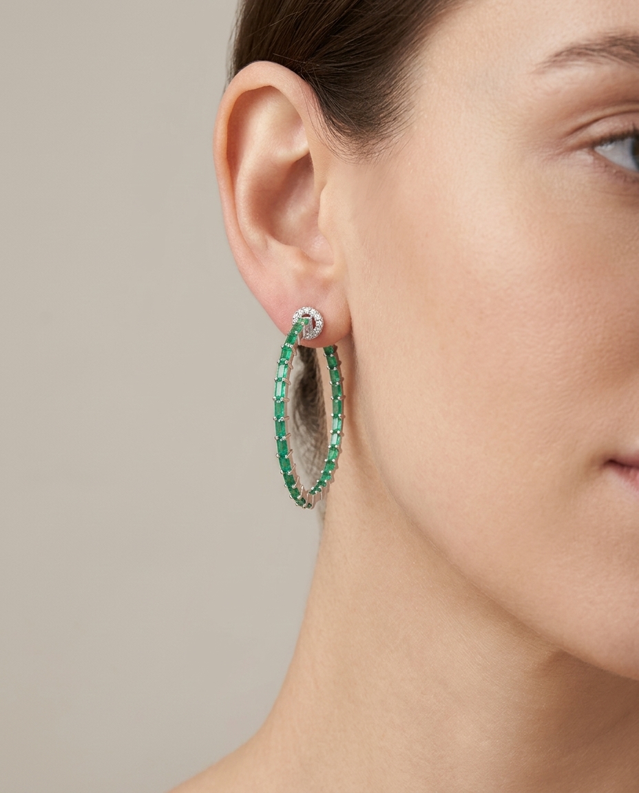 14KT White Gold Emerald and Diamonds Hoop Earing view 2