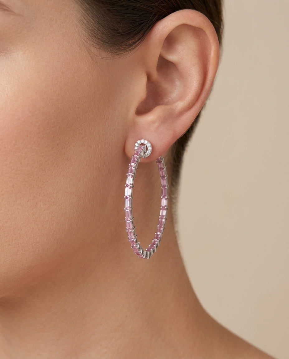 14KT White Gold Pink Sapphire and Diamonds Hoop Earing on model