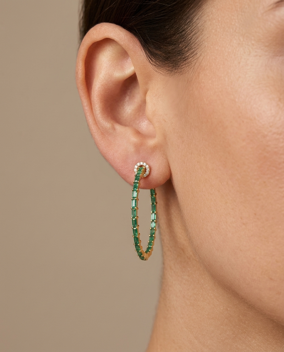 14KT Yellow Gold Emerald and Diamonds Hoop Earing on model