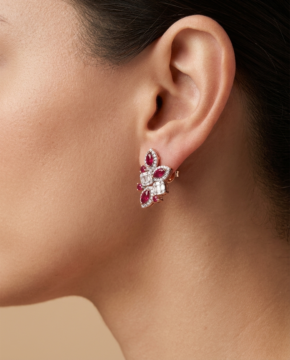 18KT Rose Gold Ruby and Diamonds Earring view 2