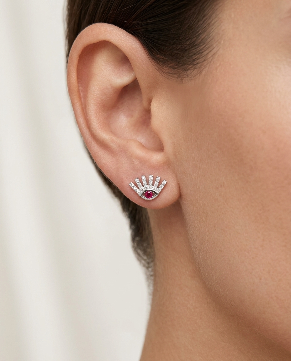 18KT White Gold Ruby and Diamonds Evil Eye Earring on model