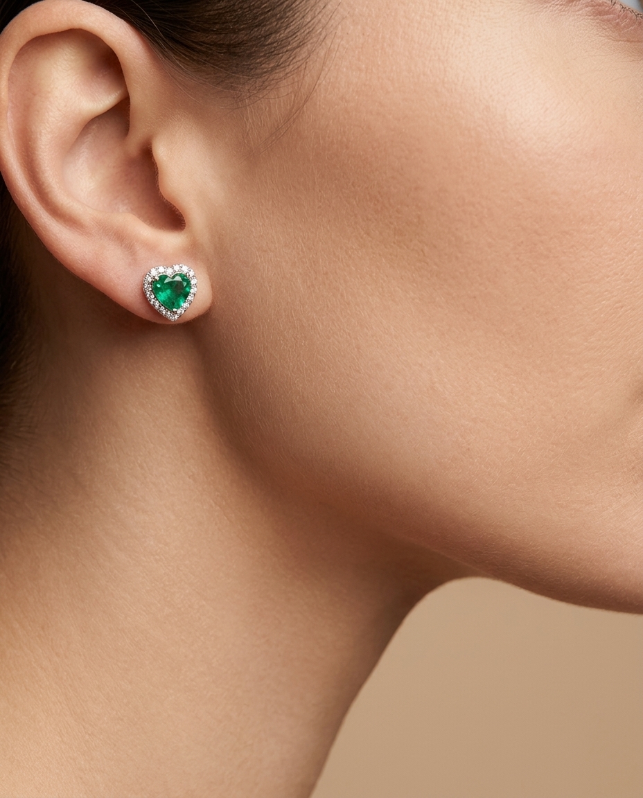 18KT White Gold Heart Shape Emerald and Diamonds Earring view 2