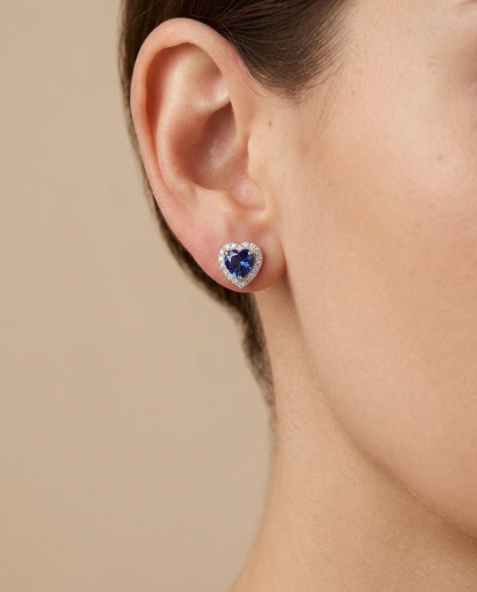 18KT White Gold Heart Shape Sapphire and Diamonds Earring on model