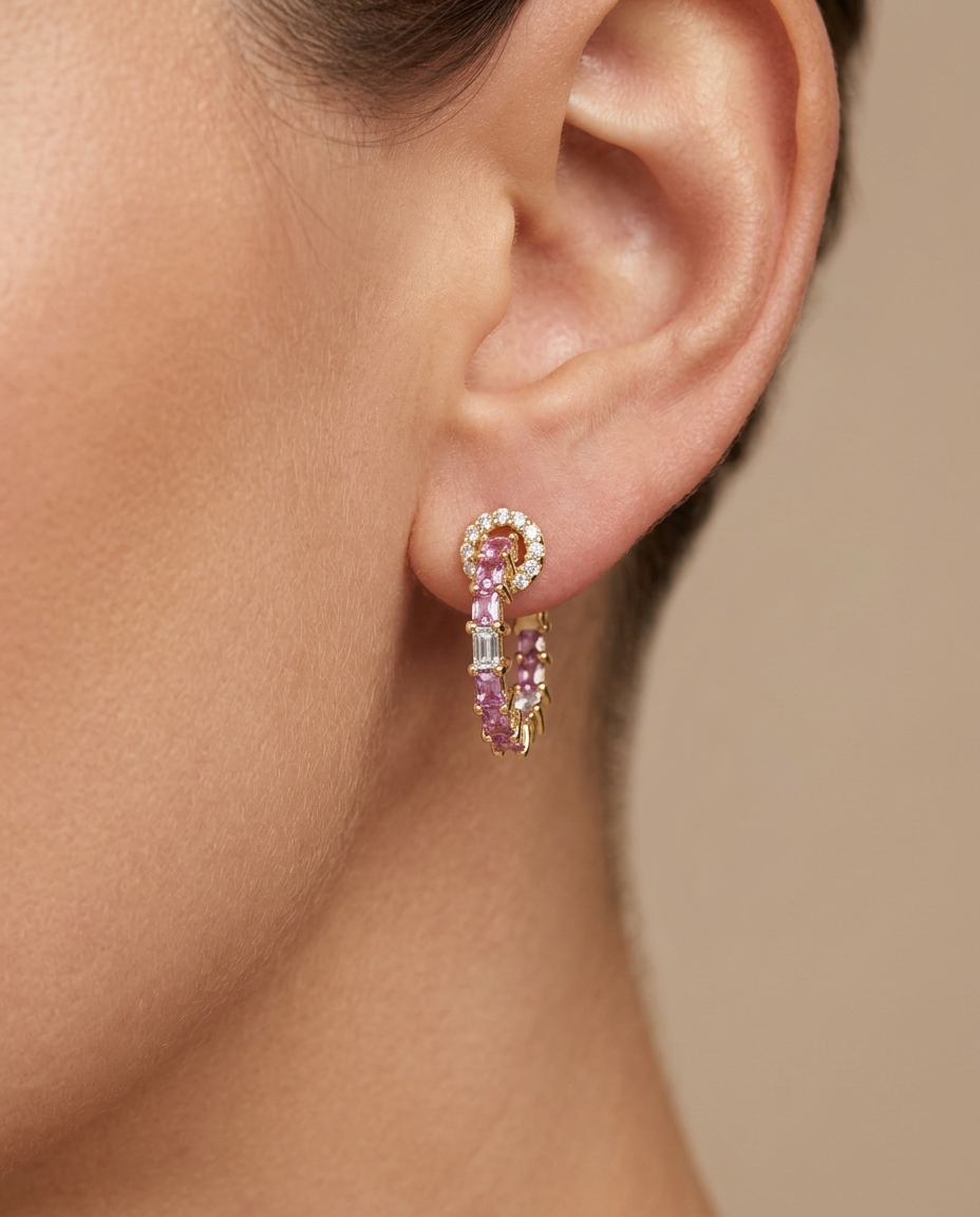 18KT Gold Pink Sapphire and Diamonds Hoop Earring on model