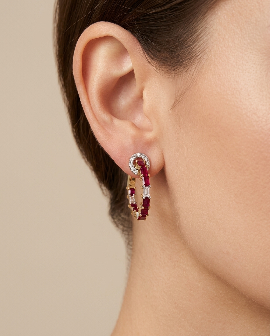 18KT Gold Ruby and Diamonds Hoop Earring on model