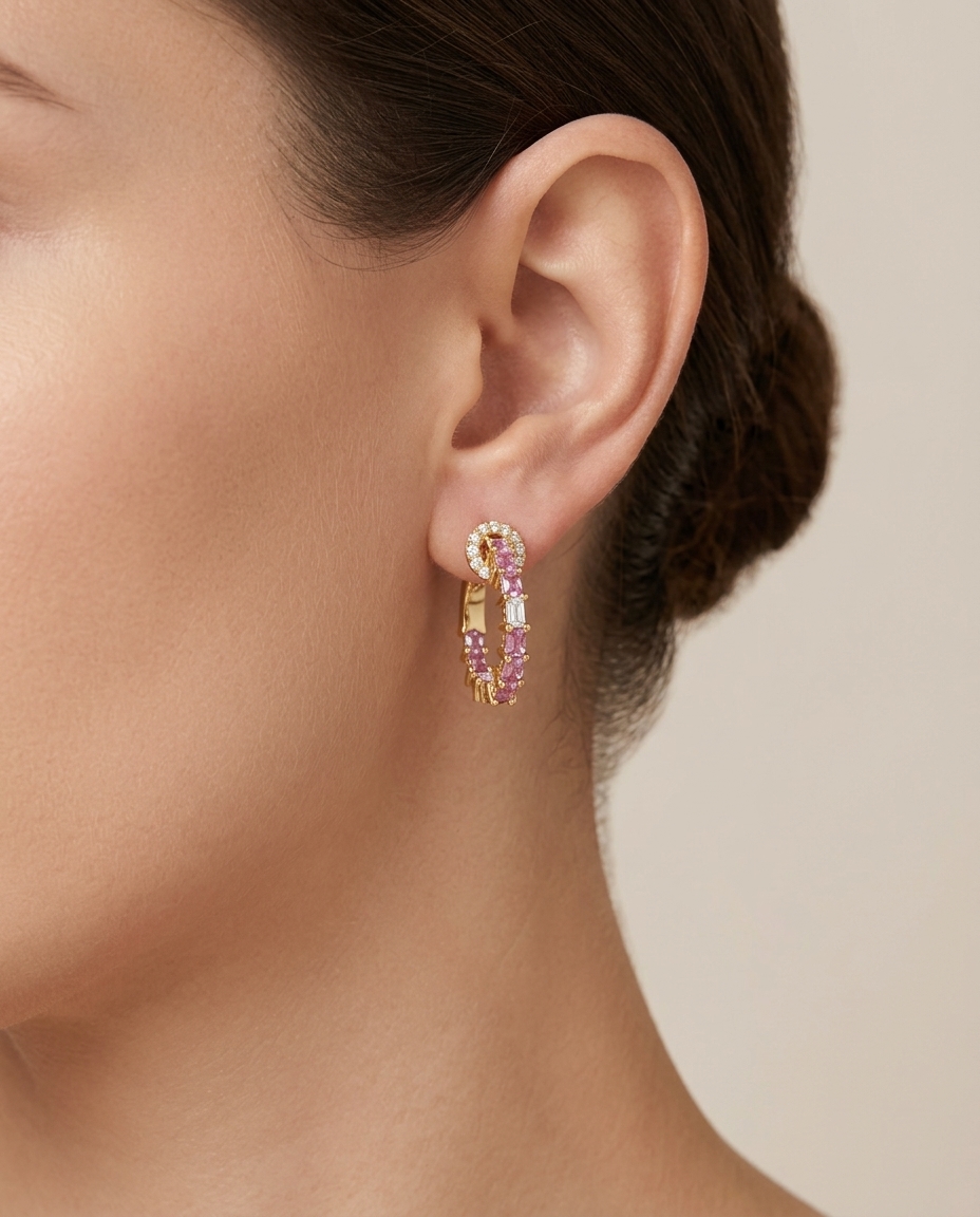 18KT Gold Pink Sapphire and Diamonds Hoop Earring view 2