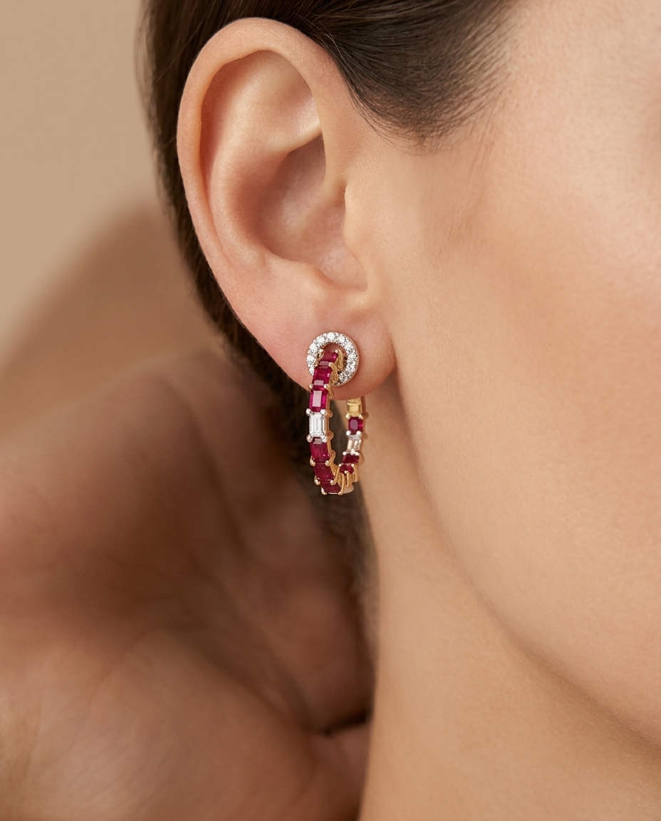 18KT Gold Ruby and Diamonds Hoop Earring on model