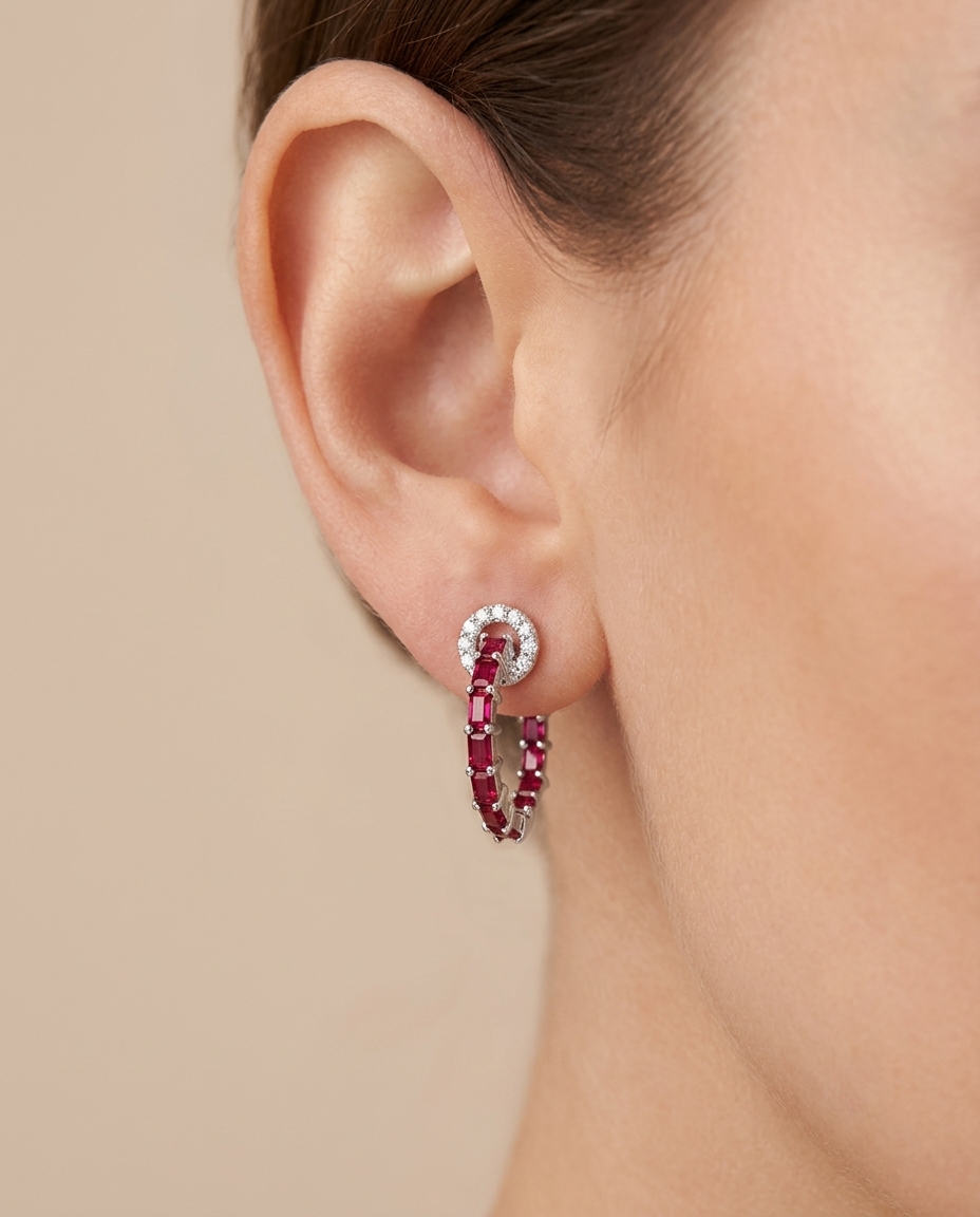 14KT White Gold Ruby and Diamonds Hoop Earring on model
