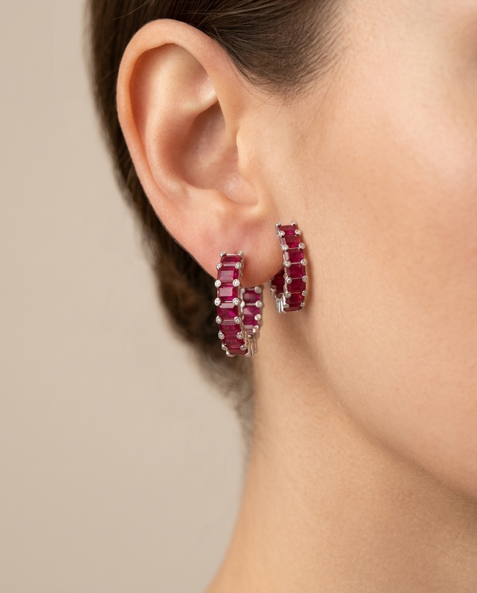 14KT White Gold Ruby and Diamond Hoop Earring on model