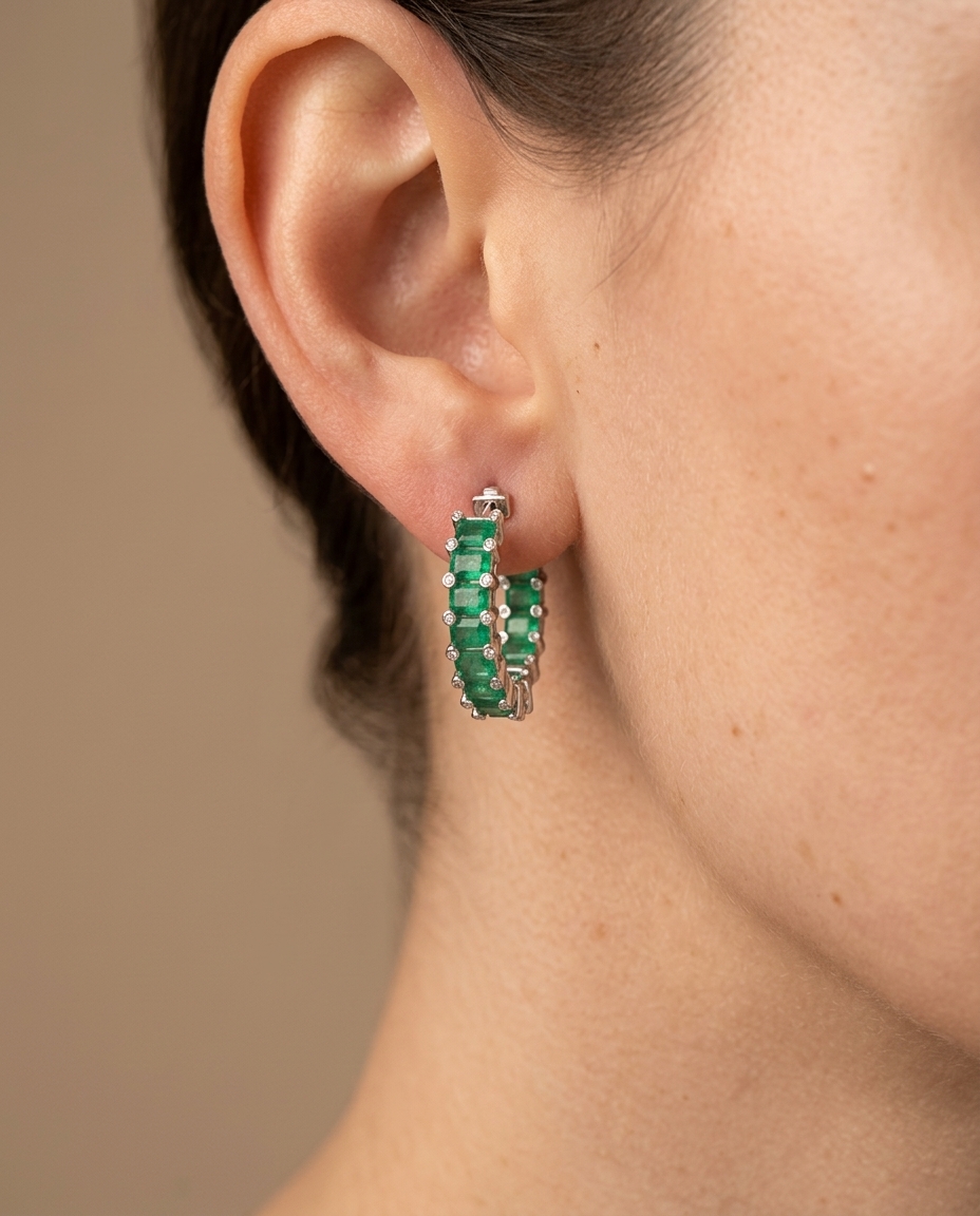 18KT White Gold Emerald and Diamond Hoop Earring view 2