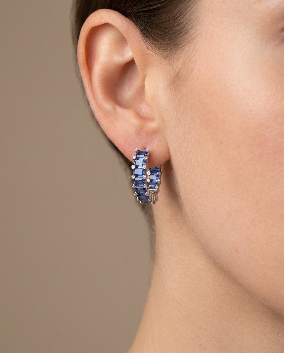18KT White Gold Sapphire and Diamond Hoop Earring on model