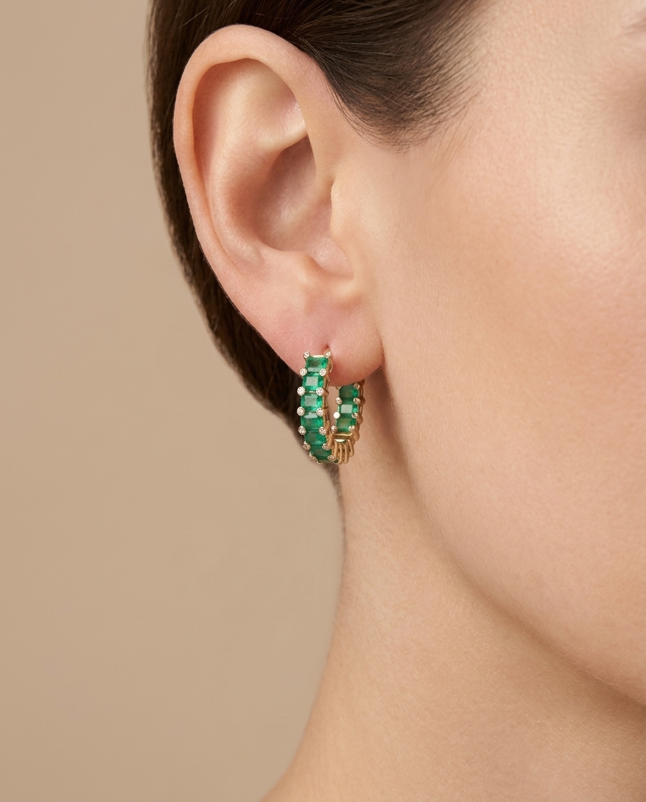 18KT Yellow Gold Emerald and Diamond Hoop Earring on model
