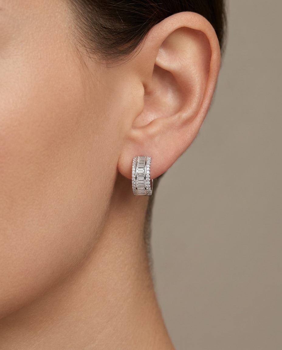 18KT White Gold Diamond Hoop Earring on model