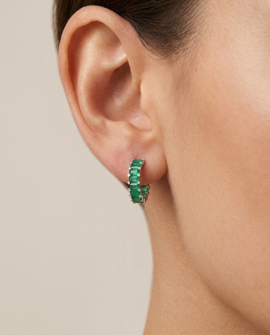 18KT White Gold Diamond and Emerald Hoop Earring on model