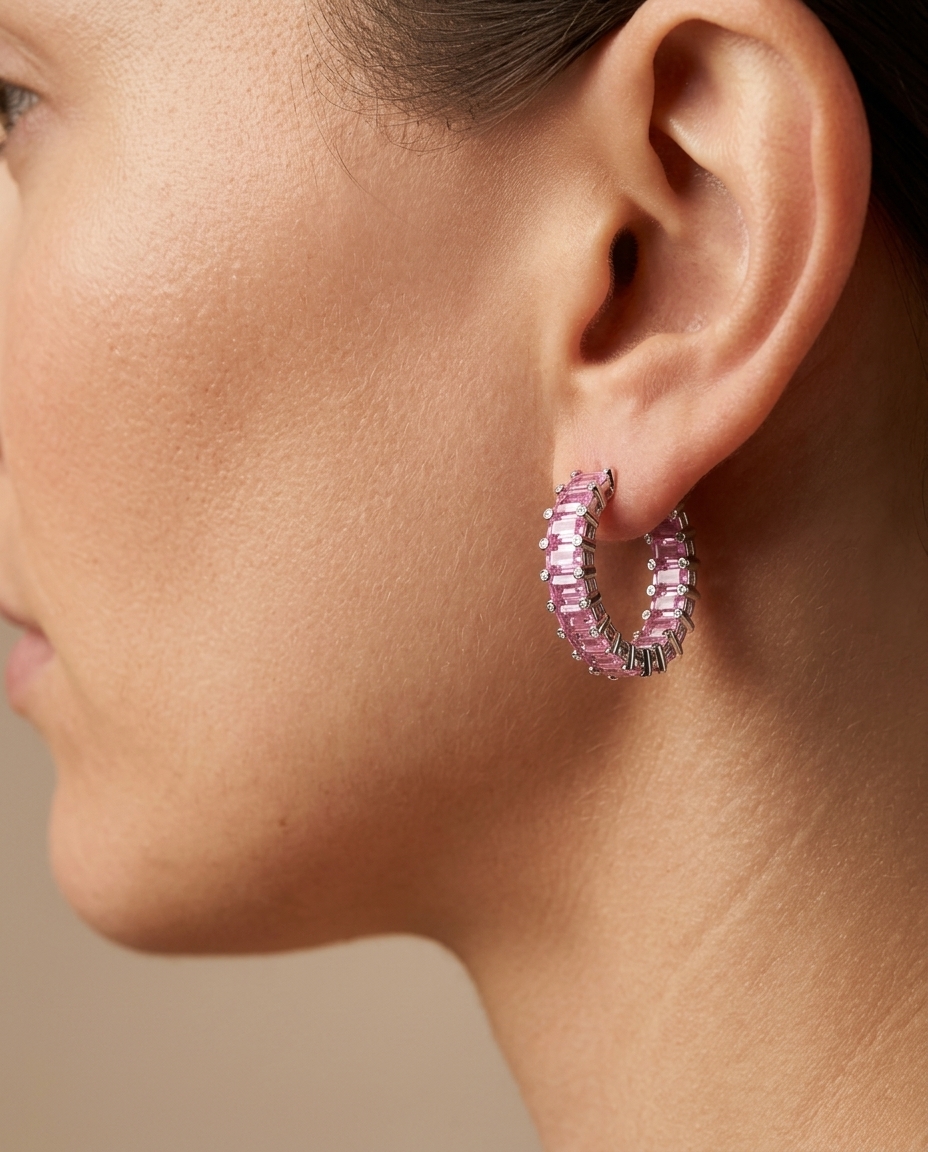 18K White Gold Pink Sapphire and Diamond Hoop Earring on model