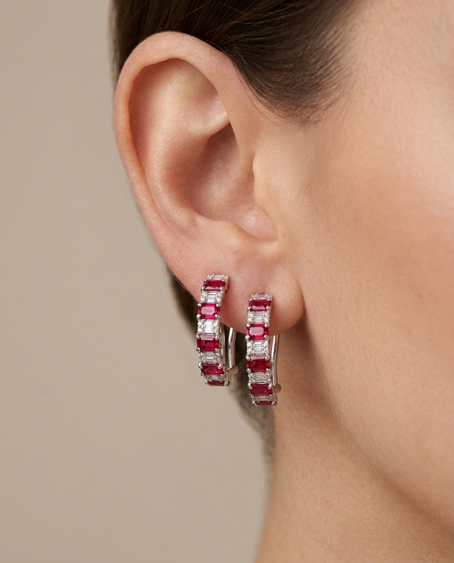 18KT Gold Ruby and Diamonds Earring on model