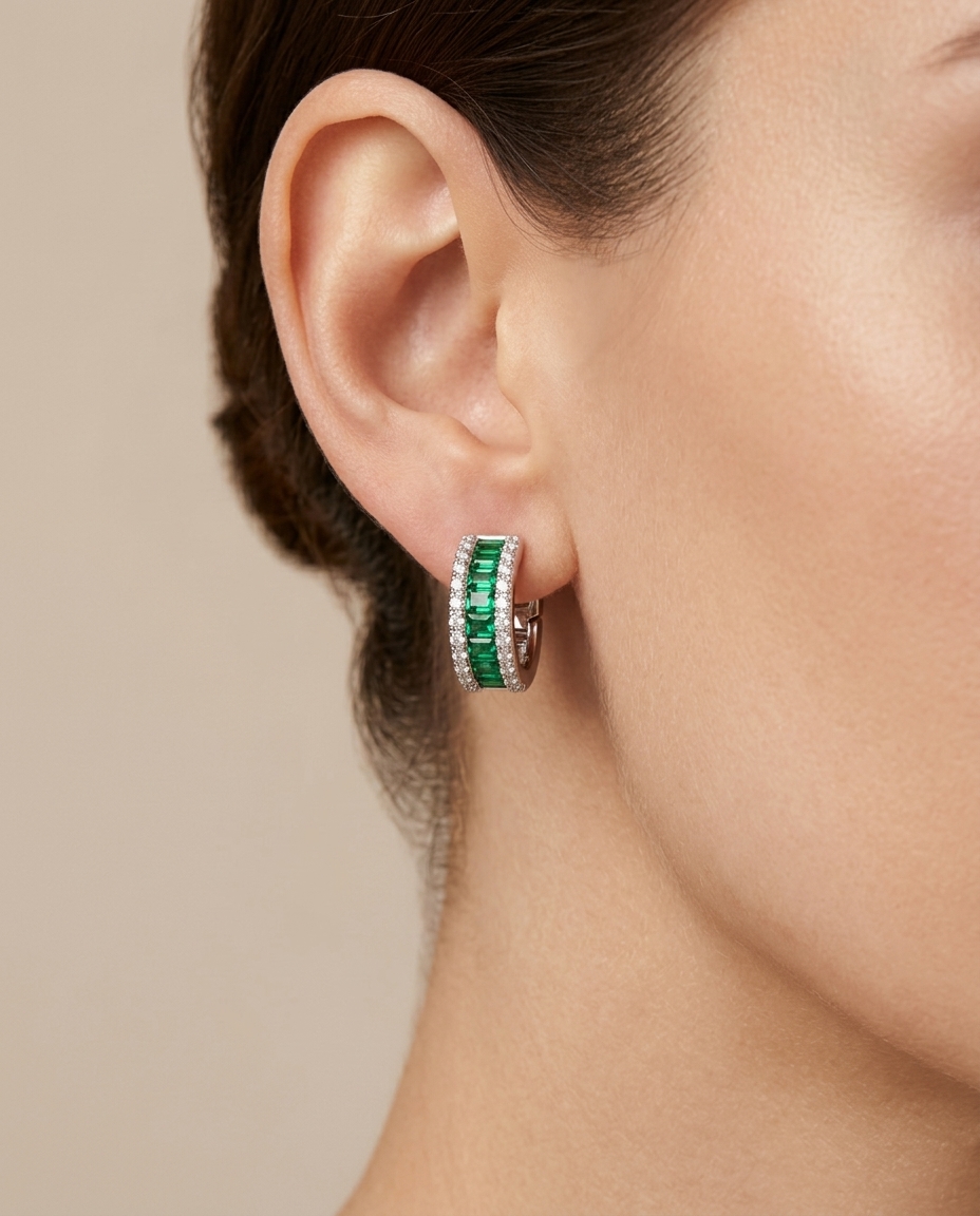 18K White Gold Emerald and Diamond Earring view 2