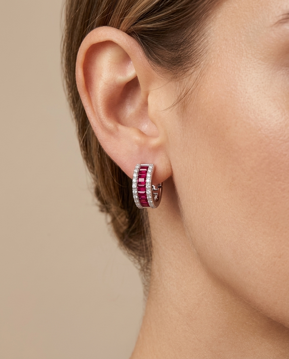 18K White Gold Ruby and Diamond Earrings view 2