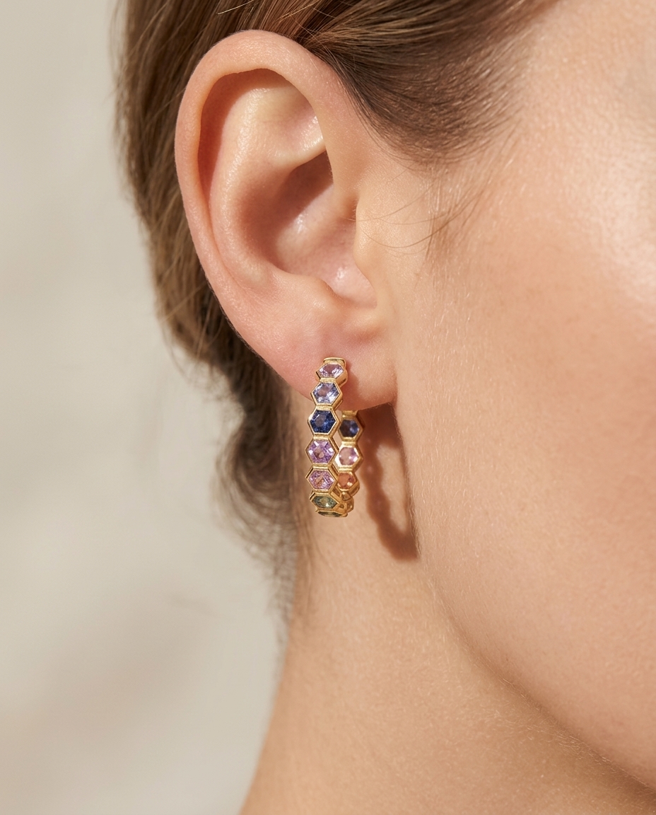 14KT Yellow Gold Multi Sapphire Hoop Earring on model