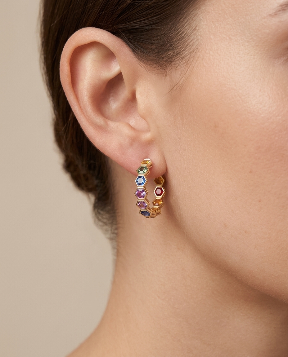 14KT Yellow Gold Multi Sapphire Hoop Earring on model
