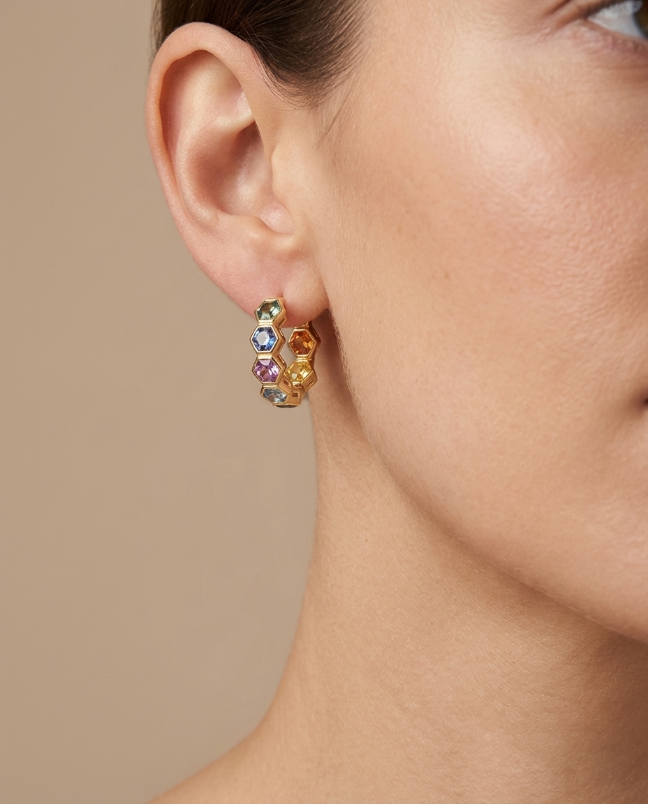 14KT Gold Multi Sapphire Hoop Earring (15 MM) on model