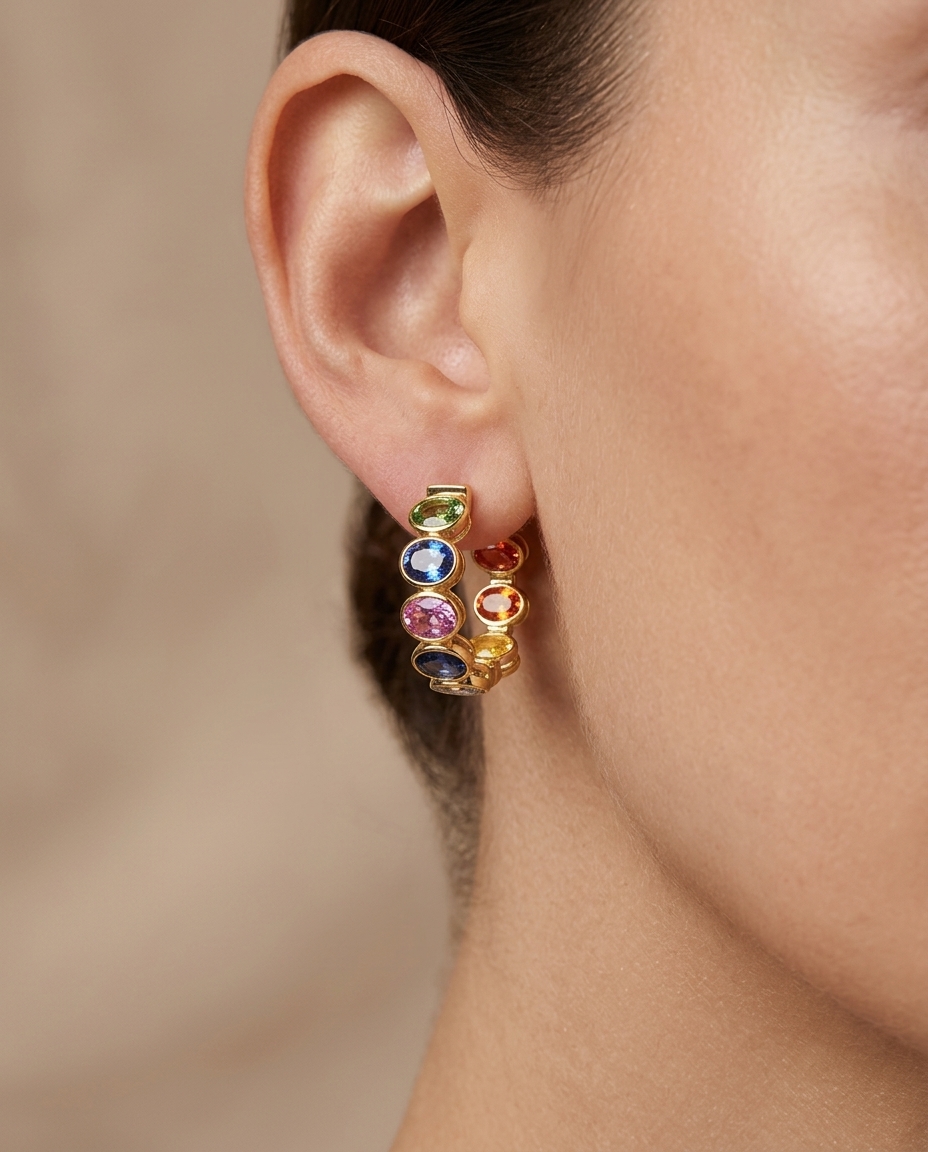 14KT Yellow Gold Multi Sapphire Oval Hoop Earring (20 MM) on model