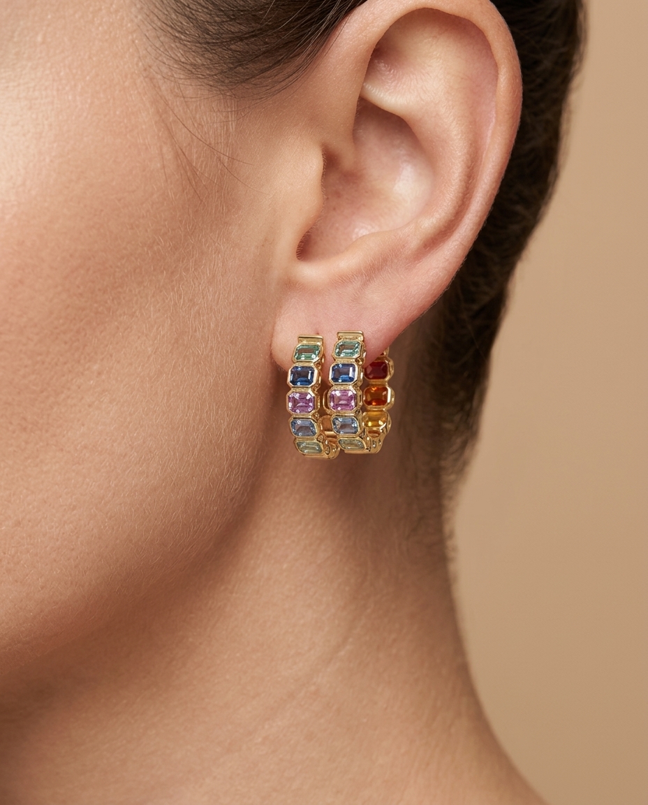14KT Gold Multi Sapphire Hoop Earring (15 MM) view 2