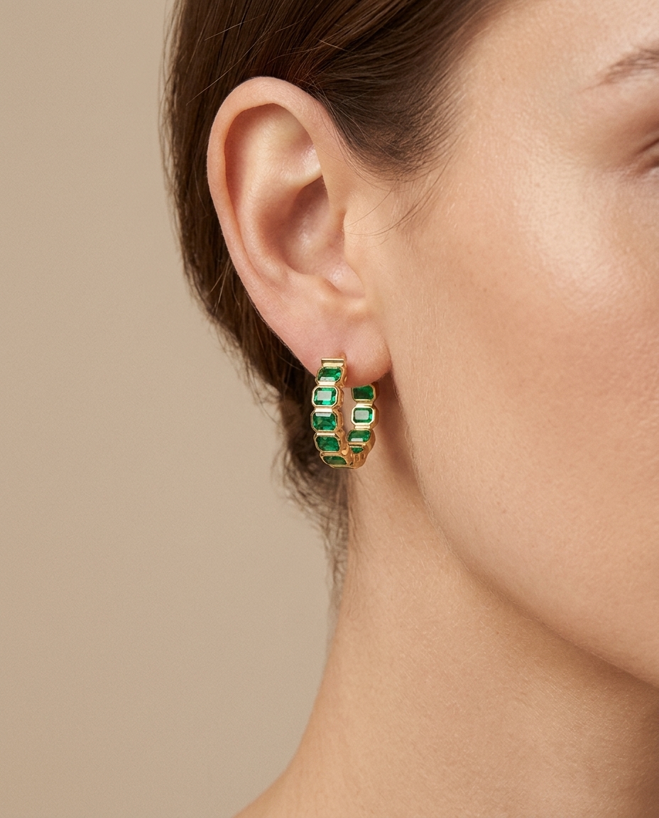 14KT Gold Emerald Hoop Earring (15 MM) view 2