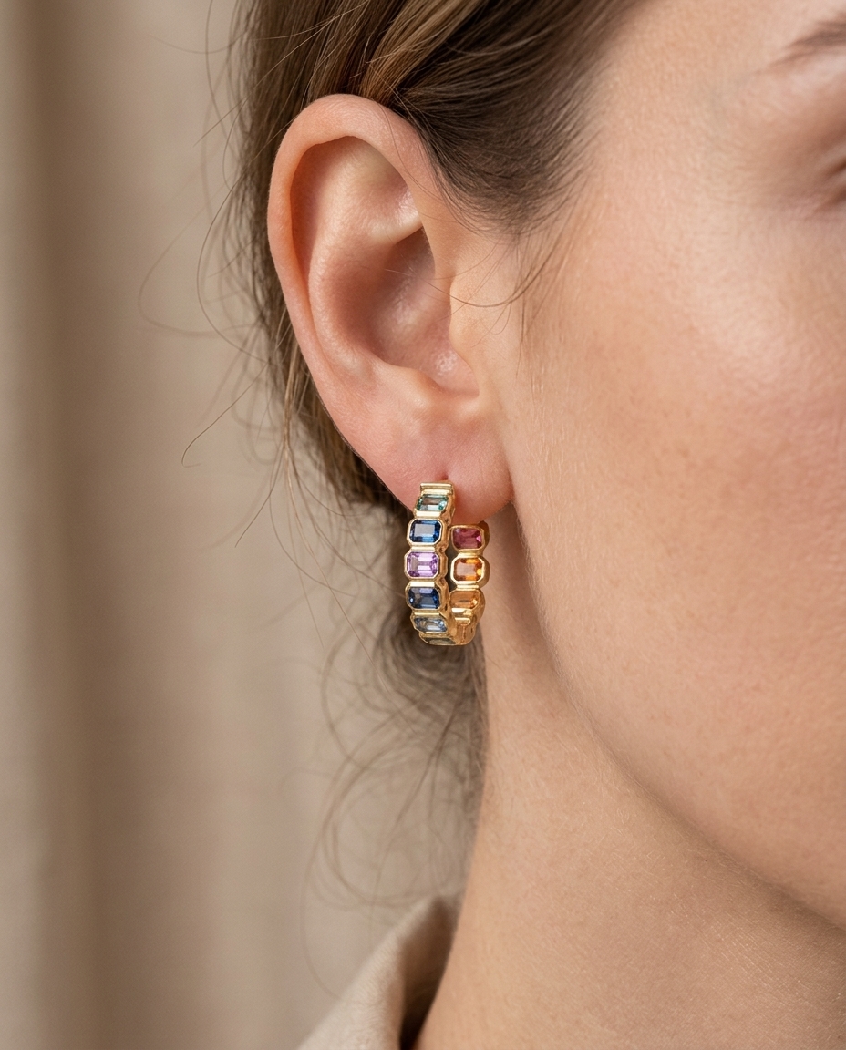 14KT Gold Multi Sapphire Hoop Earring (15 MM) view 2