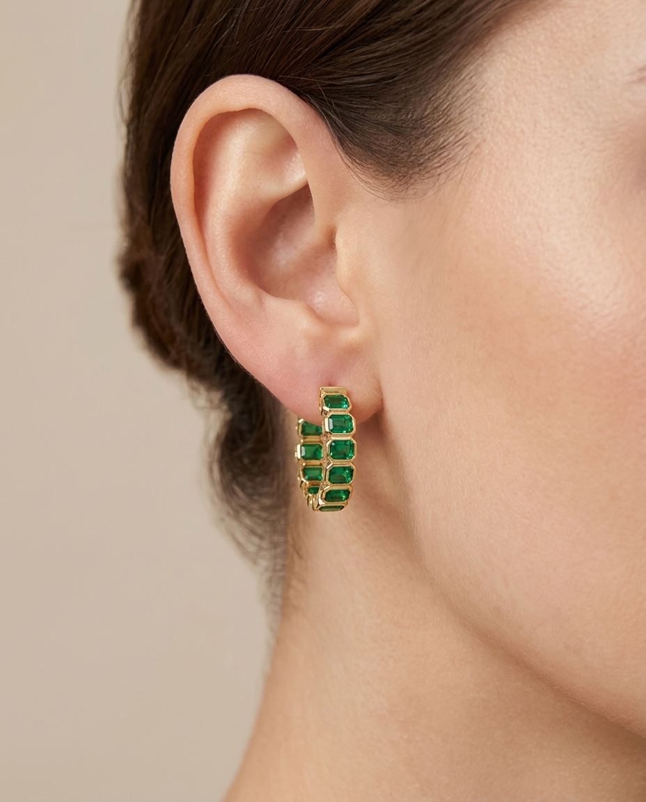 14KT Gold Emerald Hoop Earring (20 MM) on model
